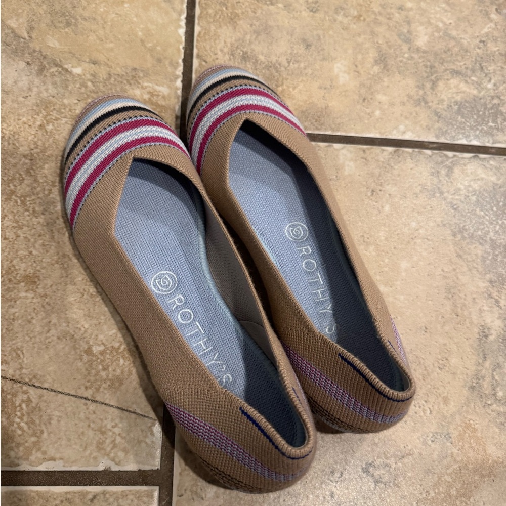 Rothy's Tan Round Toe Flats with magenta/blue accents